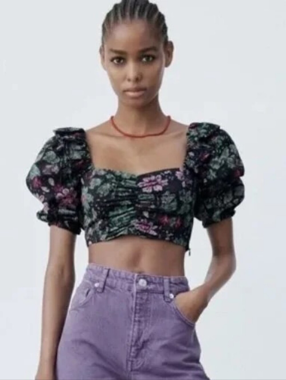 Zara Floral Puff-Sleeve Cropped Top